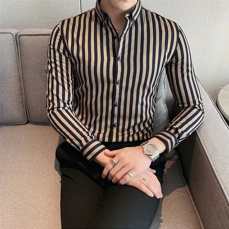 Spring Autumn Mens Long Sleeve Striped Shirt Casual Slim Fit Business Button-Down Shirts Classic Formal Dress ShirtXJ24113