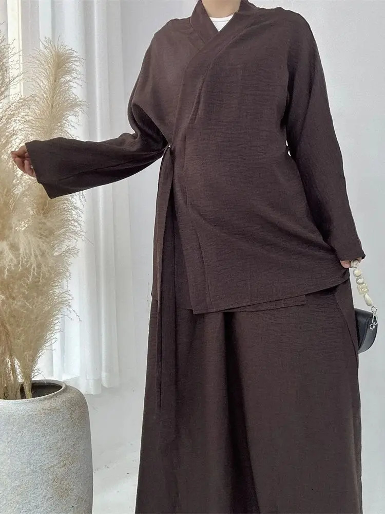 Eid Plain 2 Piece Abaya Set Tops Skirt Modest Muslim Sets Abayas For Women Clothing Robe Caftan Marocain Femme Musulmane Kaftan 241114