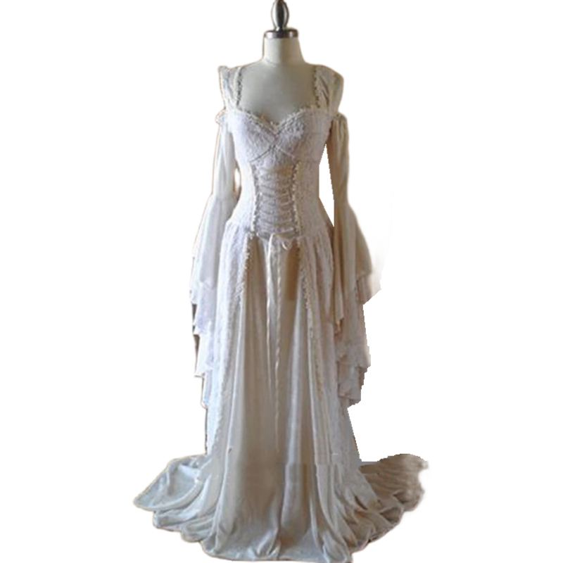 2024 Medieval Lace A Line Wedding Dresses Straps Off Shoulder Flare Long Sleeves Corset Bridal Gowns Vintage Bride Dress Women Formal Wear