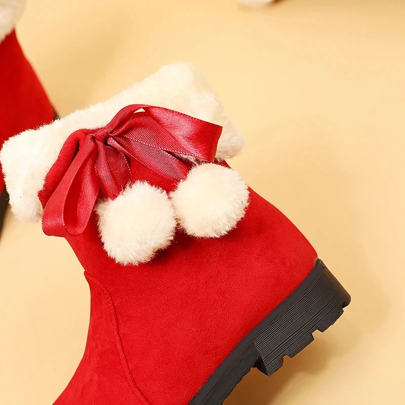 Girls winter boots warm plush Christmas red boots cute fur childrens cotton shoes anti slip childrens rubber snow boots 241113