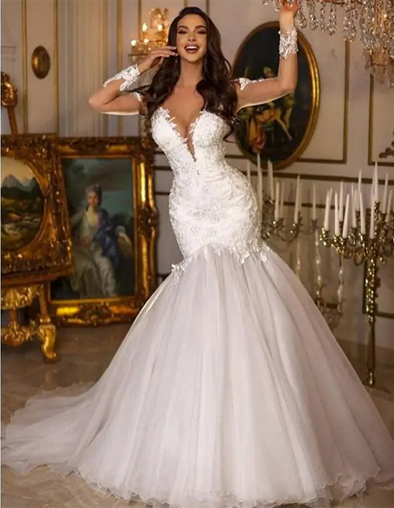 Charming Mermaid Wedding Dresses Long Sleeves Lace Appliques Illusion Sexy Bridal Gowns Ivory Tulle Bride dress Sheer Back Summer Vestido De Novia 202