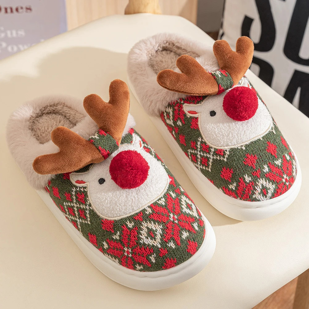 Christmas reindeer plush slider fluffy home slider comfortable fur reindeer slider anti slip cartoon reindeer slider 241113