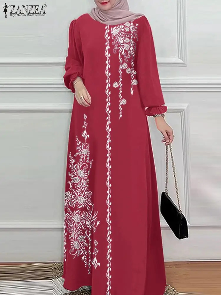 ZANZEA Womens Vintage Long Sleeve Abaya Maxi Sundress Fashion Marocain Dubai Vestido Robe Women Flower Print Muslim Dress 241111