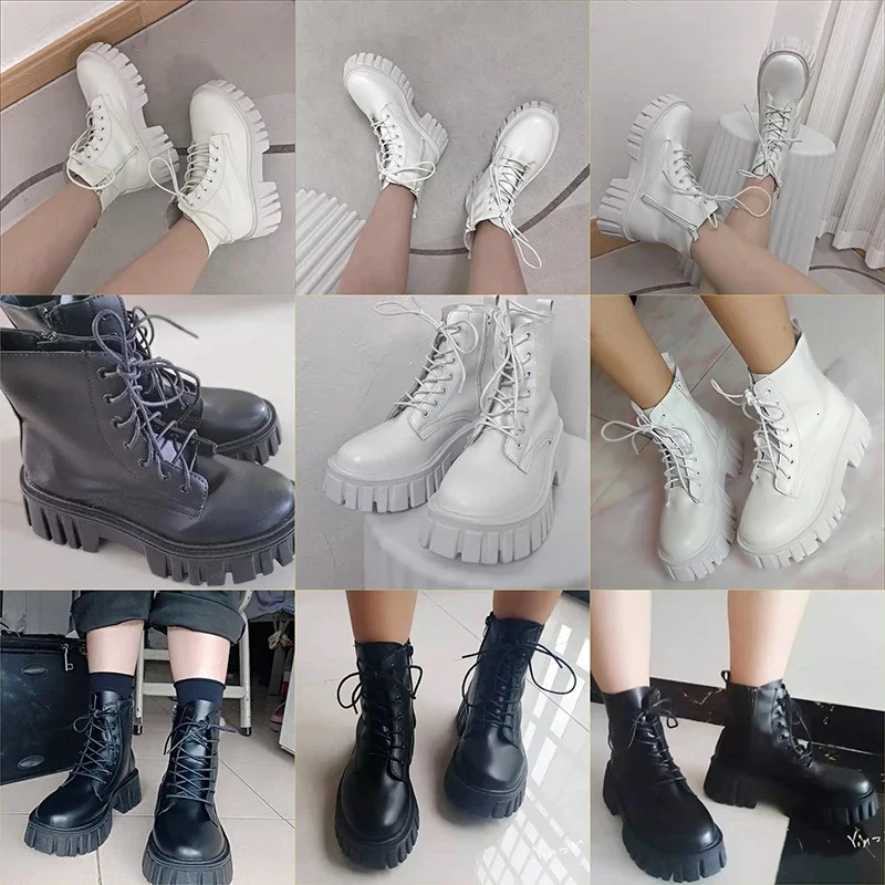 Women White Ankle Boots PU Leather Thick Sole Lace Up Combat Booties Female Autumn Winter Platform Shoes Woman 241113