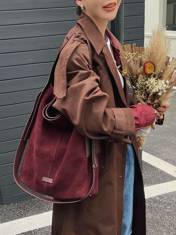 Hot Sale Winter Stylish Large Capacity Commuter Tote Ear Hanging Strap Suede Leather Women Shoulder Bag Wine Red Coffee Handbag Suede BagVoyage