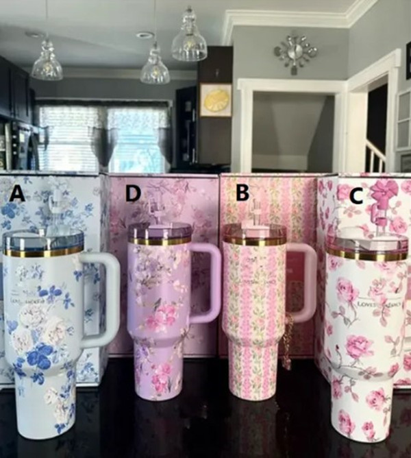 US stock Blue Magnolia with Gift Box Insulated Stainless Steel Water Bottles 40oz Cosmo Pink Target Red Double Wall Vacuum Sealed Travel Mugs Valentine's Day 1114