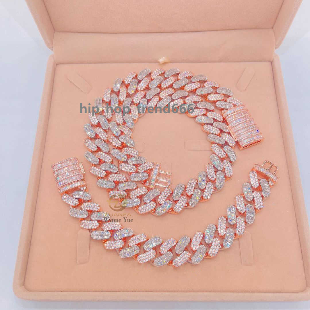 Thick Solid 925 Sterling Silver 18mm Baguette Link Chain Thick VVS Moissanite Cuban Link Chain
