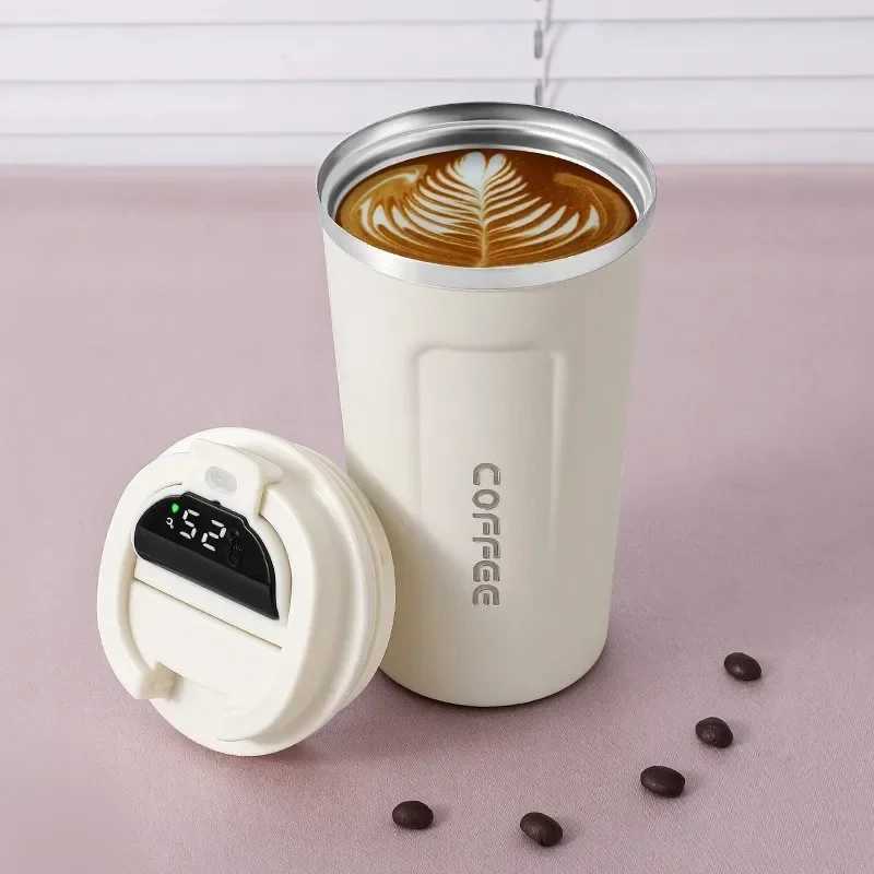 380/510ml hot coffee cup stainless steel coffee cup temperature display vacuum thin film hot melt water bottle Y241114