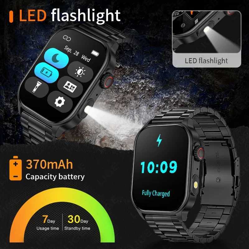 2024 Mens Watch Outdoor Flashlight Military IP68 Waterproof Smart Watch Mens Rate Sports Fitness Watch BT Call Smart Watch Y241114