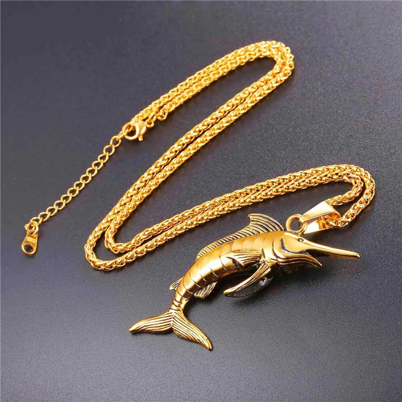Collare Big Swordfish Pendant Gold/Black Color Stainless Steel Sea Animal Jewelry Wholesale Fish Marlin Swordfish Necklace P805 241113
