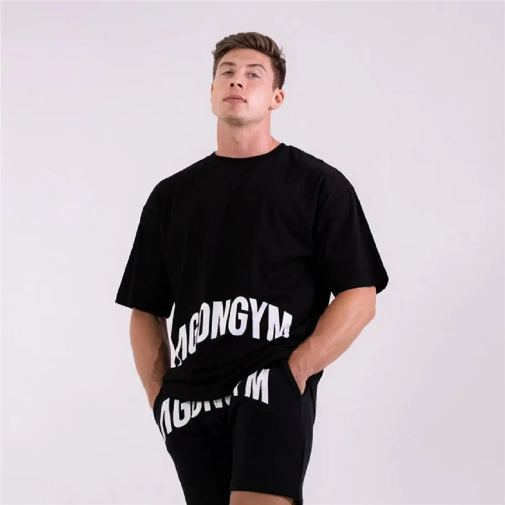 Men Oversized T-shirt Gym Fitness Loose Comfortable Sports Tees Summer Cotton Short Sleeves Top Bodybuilding Workout Shirts 240412