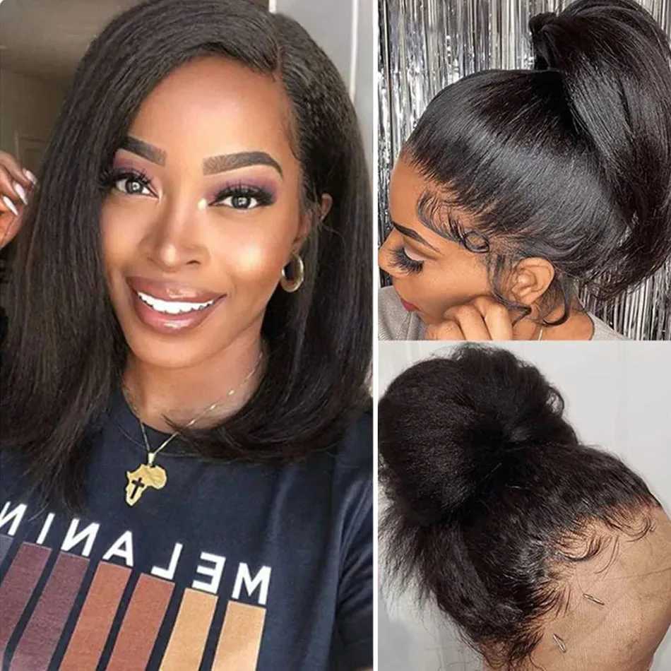13X4 Glueless Kinky Straight Bob Lace Frontal Wigs Ready To Wear 100% Human Hair Wigs Yaki Brazilian Short Bob HDTransparent WigXJ241227