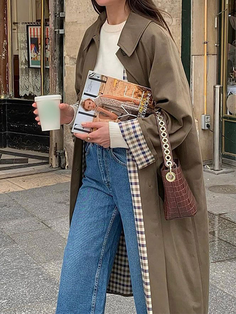 Women's long windbreaker loose collar single breasted coat autumn long sleeved women's retro women's jacket windbreaker coat, street dr