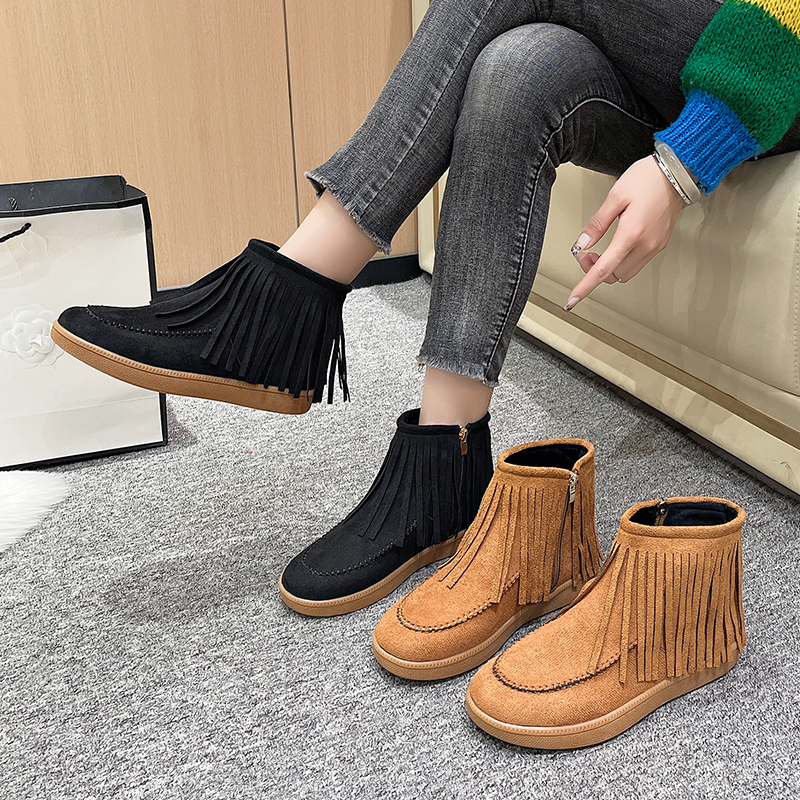 Winter women's new tassel boots, short leg side zipper low heel sponge sole, thick suede women's shoes