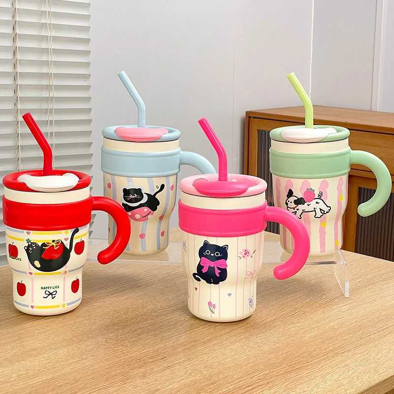 700ML/1.2L with handle cover cute cat hot cup stainless steel water bottle outdoor travel cart coffee g gift Y241114