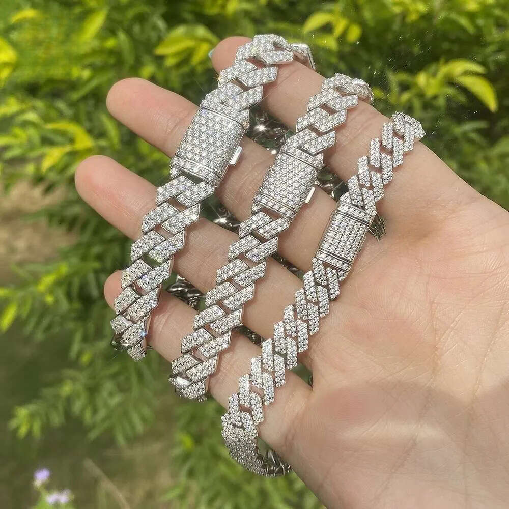 Pass Diamond Tester Sier Cuban Link Chain Wide 2rows Solid Moissanite Diamond 8mm-20mm Jewelry Set Necklaces Hiphop