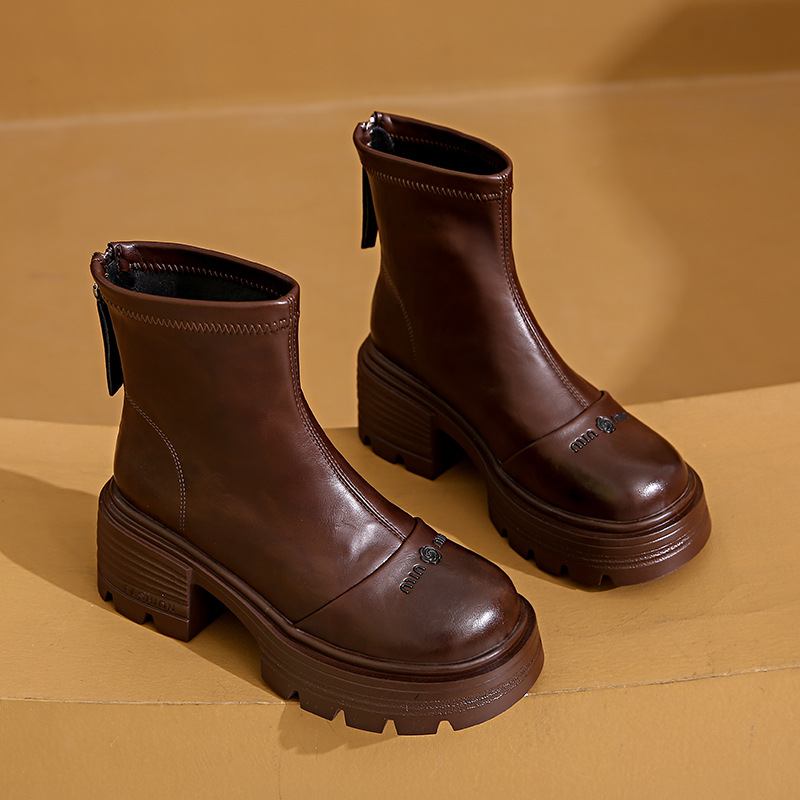 Korean Version Autumn Leather Mid Heel Versatile Martin Boots.