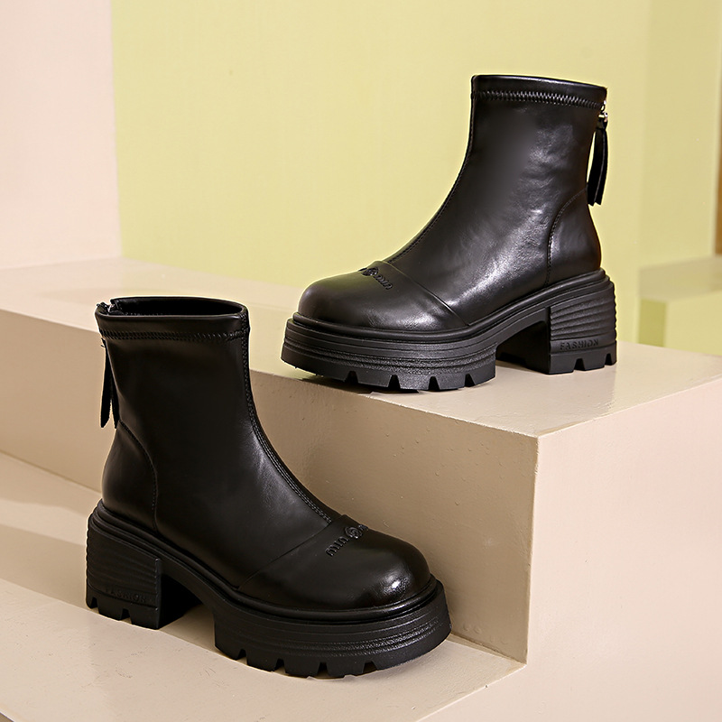 Korean Version Autumn Leather Mid Heel Versatile Martin Boots.