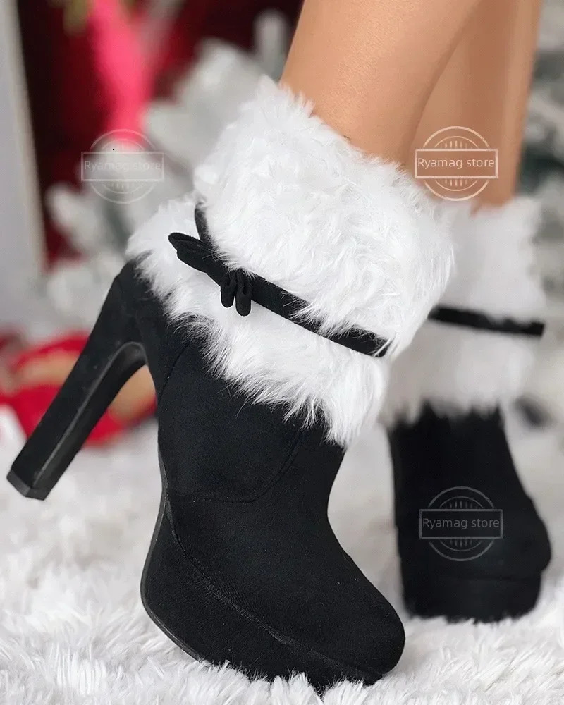 Boots womens bow thin high heels matte ankle winter shoes waterproof platform high-heeled bow decoration Christmas red 241113