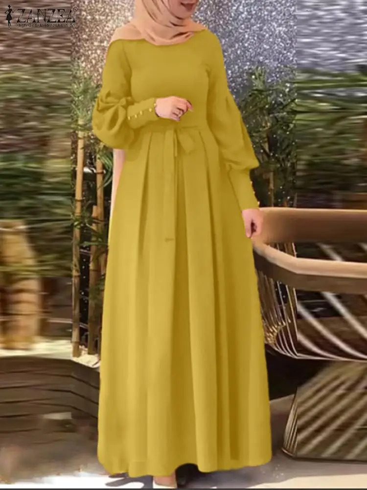 ZANZEA Womens Autumn Sun Skirt Muslim Headband Abaya Dubai Robe Elegant Long Sleeve Party Maxi Vestidos Kaftan 241111