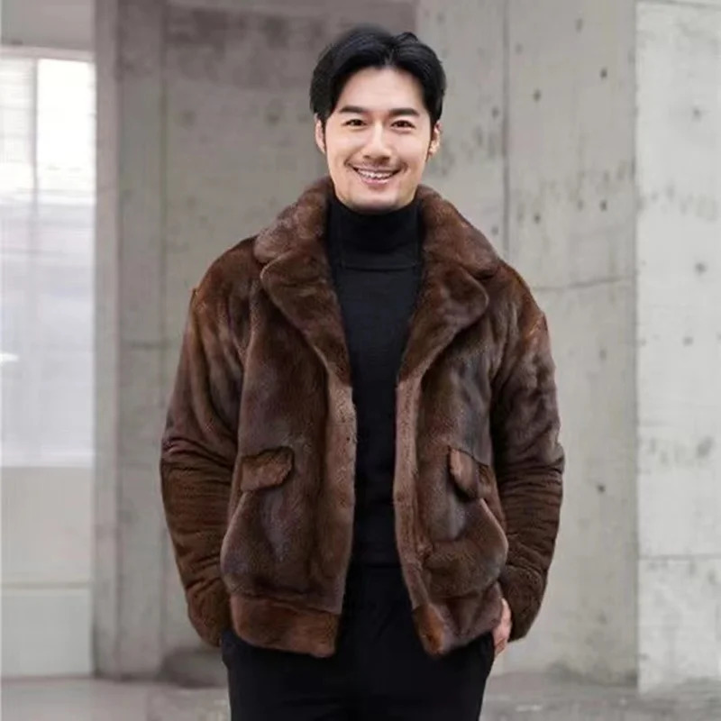 Fancy Rani Real Mink Coat Winter Mens Short Set Set Collar Imported Mink Jacket Black Brown Long Sleeve 241113
