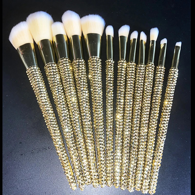 12Pcs/set Diamond-studded Makeup Brushes Gems Makeup Beauty Tools Full Diamond Loose Powder Foundation Concealer Brush Bling 240412