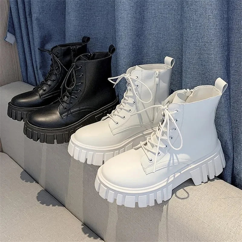 Women White Ankle Boots PU Leather Thick Sole Lace Up Combat Booties Female Autumn Winter Platform Shoes Woman 241113