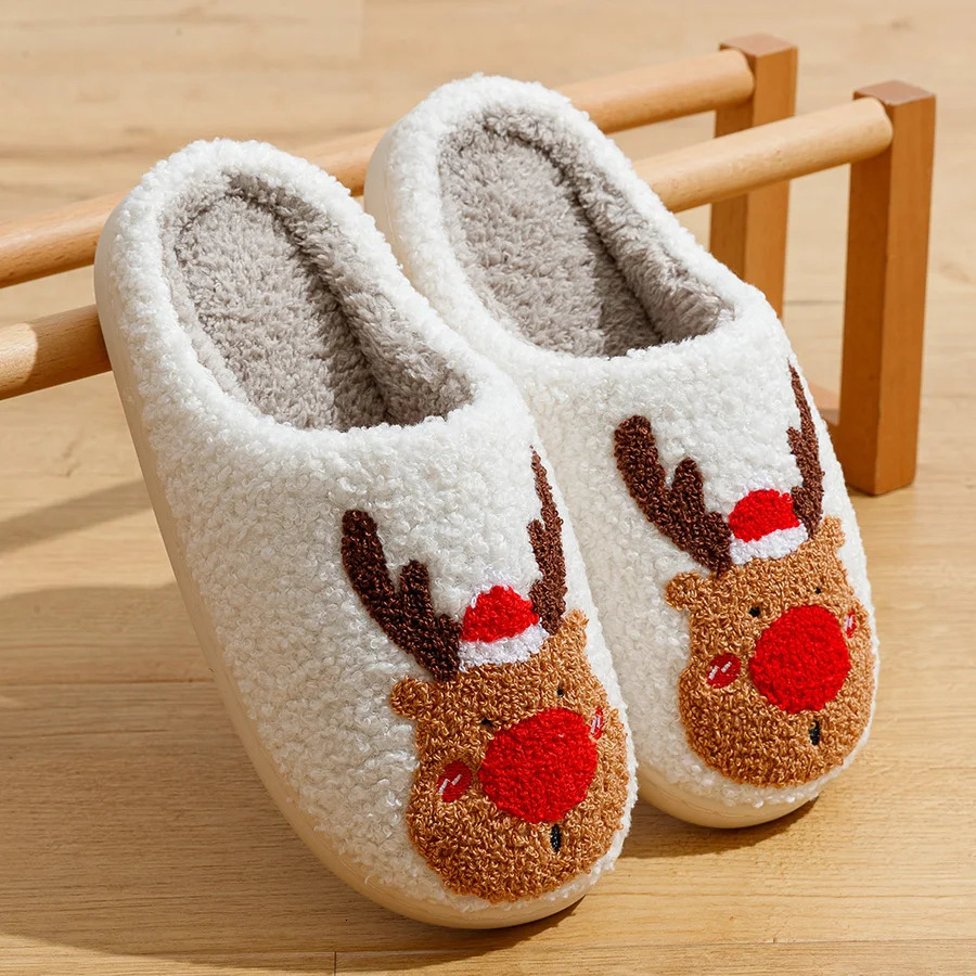 Cute reindeer Christmas slider warm and soft TPR thick bottomed womens home cushion slider for winter 241113