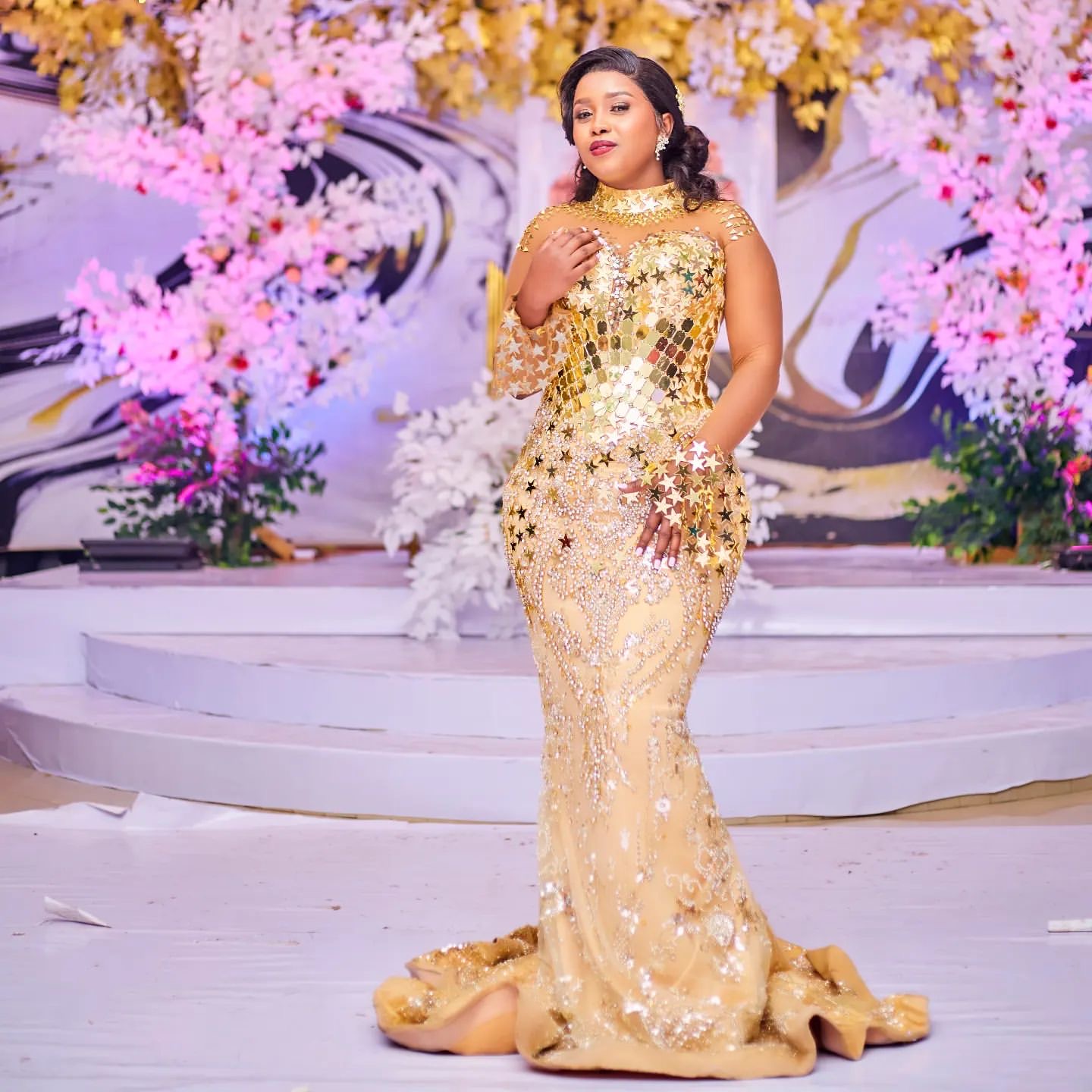 2024 Plus Size Gold Illusion Mermaid Prom Dresses For Special Occasions Sequined Crystals Beaded Evening Party Birthday Gowns Dress For Women Vestidos