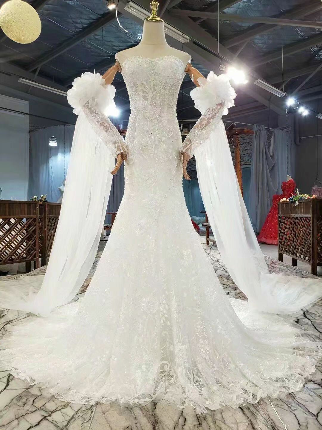 Elegant Mermaid Wedding Dresses for Bride Off Shoulder Corset Back Sweep Train Pleats Beads Pearls Garden Country Bridal Gowns 01