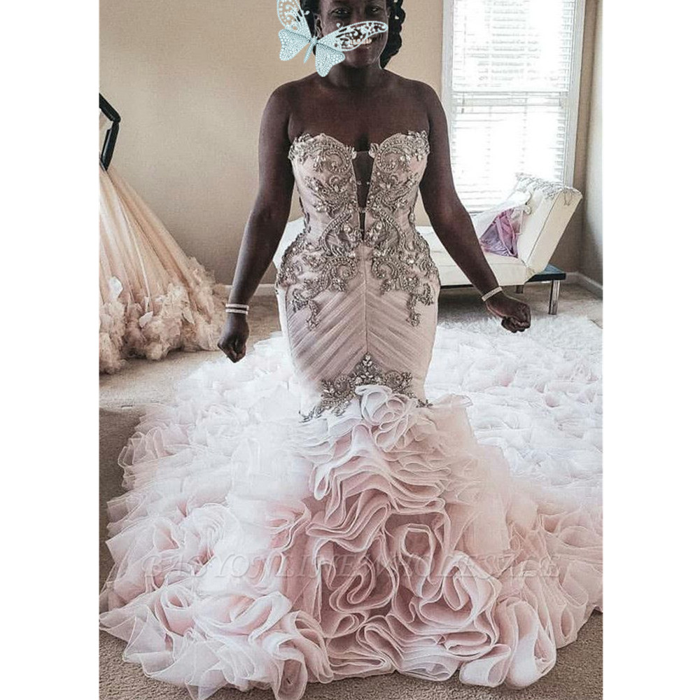 Pink Puffy Mermaid Wedding Dresses Sweethear Strapless Lace Appliques Boho Beach Princess Bridal Gowns Vestidos De Novias Plus Size