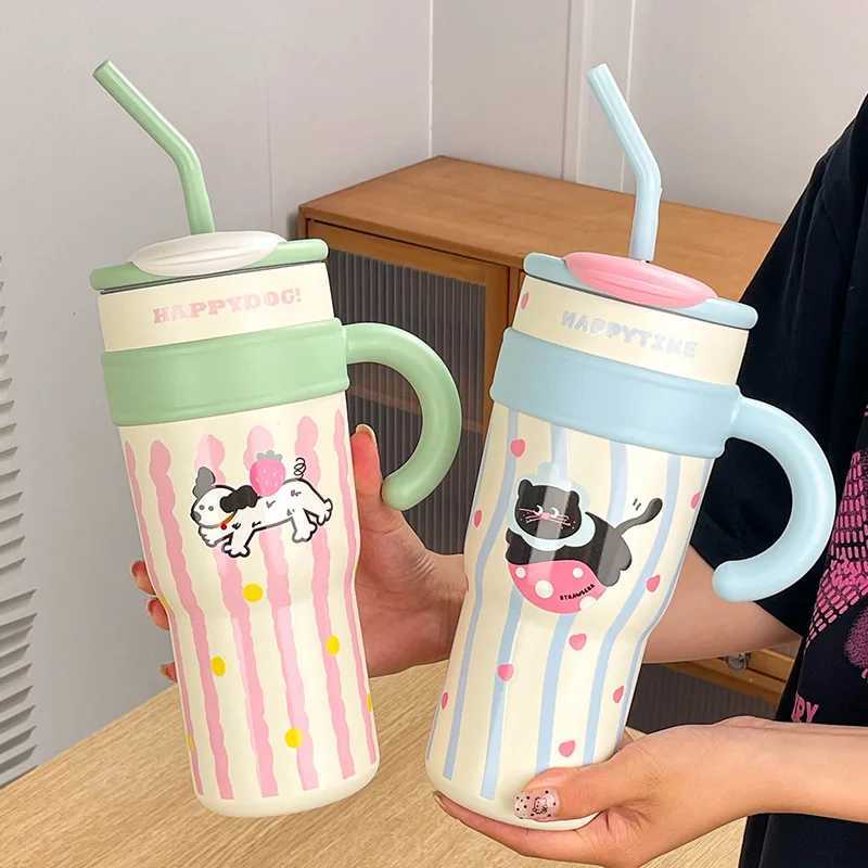 700ML/1.2L with handle cover cute cat hot cup stainless steel water bottle outdoor travel cart coffee g gift Y241114