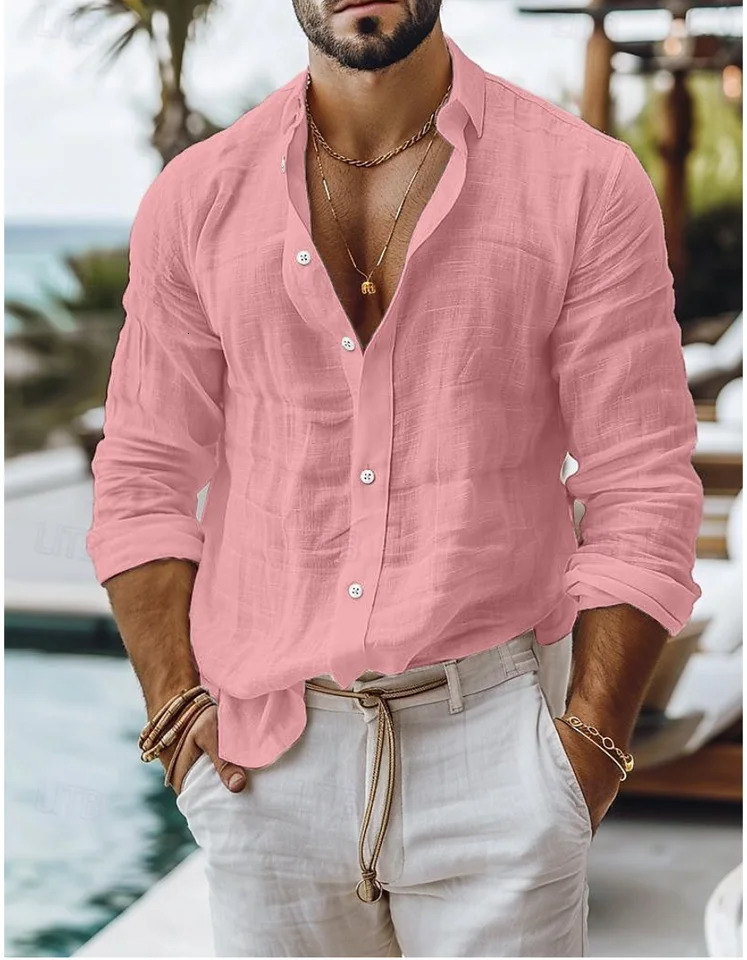 Mens cotton linen shirt with buttons summer beach shirt with long sleeves plain weave collar spring and summer casual Japanese clothing 241113 - view 6