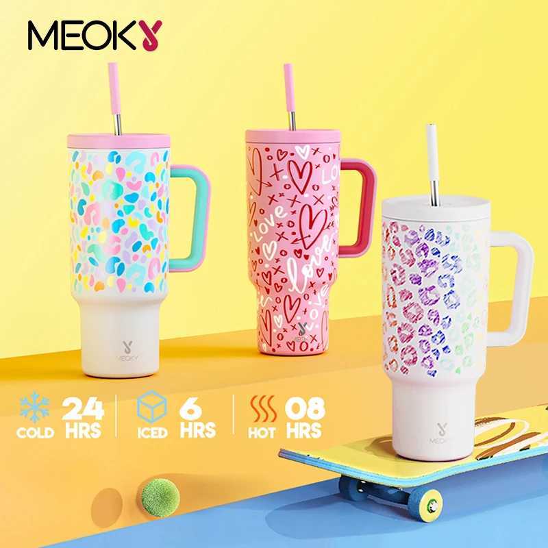 Meoky 40oz handle straw hot cup Mtiple printed stainless steel bottle vacuum cleaner car g best Christmas gift Y241114