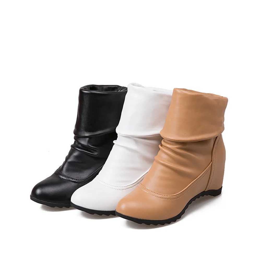 High Quality Womens Wedge Boots Plus Size 33-43 Spring and Autumn Flat Lg Pu Soft Leather Motorcycle Boots White Black T241113