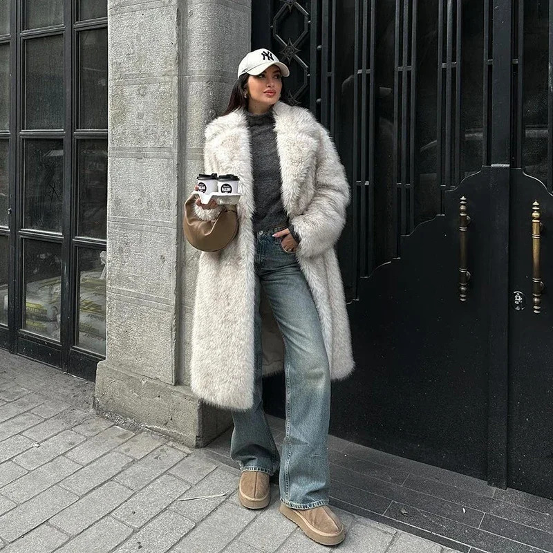 Neo Mint Slouchy chic gradient long environmentally friendly artificial fur coat for womens winter thick warm fluffy fox fur leather jacket fashionabl