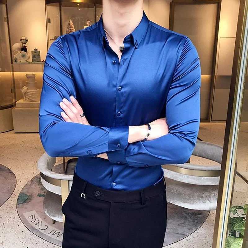 Plain Long Sleeve Shirts and Blouses for Men Business Silk Summer Button Man Tops Fashion 2024 Social High Quality Clothing S IXJ24113