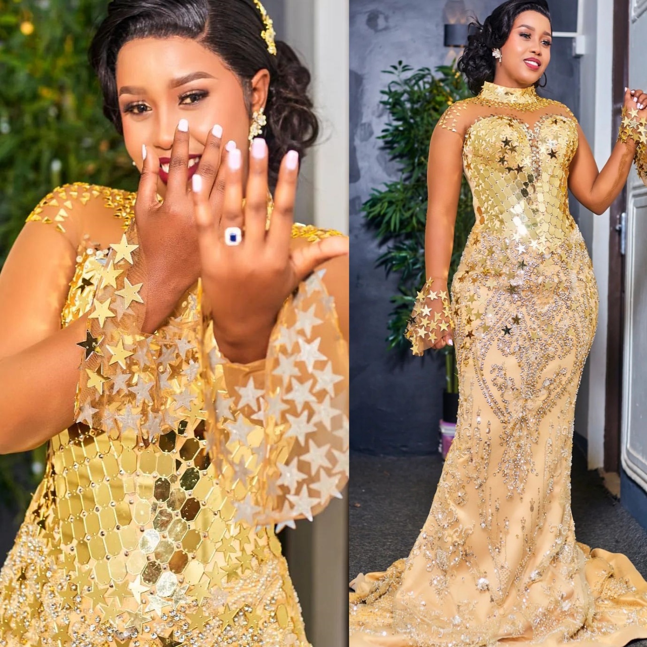 2024 Plus Size Gold Illusion Mermaid Prom Dresses For Special Occasions Sequined Crystals Beaded Evening Party Birthday Gowns Dress For Women Vestidos
