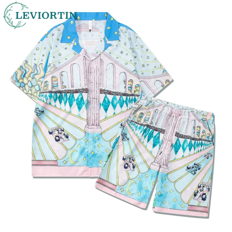 Hip Hop Men 2 Piece Set Vintage Print Button Hawaiian Shirt and Shorts Suit Summer Fashion Casual Short Sleeve Outfit 240412