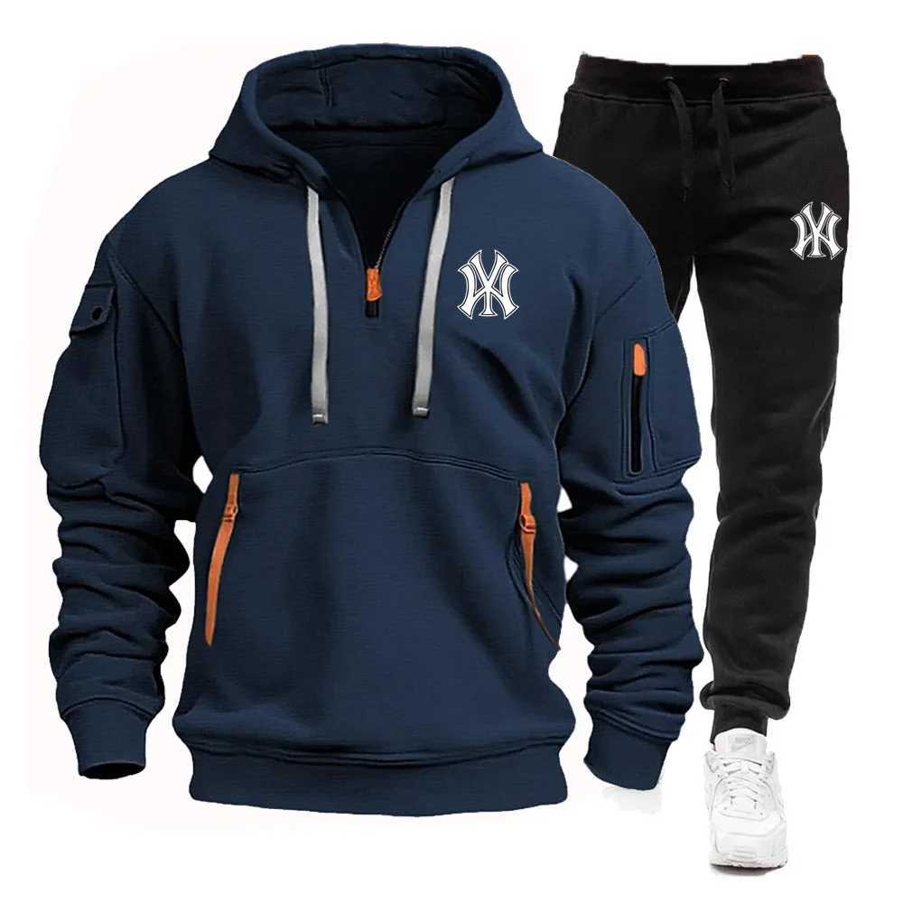 Mens Mens autumn and winter multi pocket zipper hooded sweatshirt+sweatpants 2 sets of casual jogging hooded sweatshirt sportswear X241113