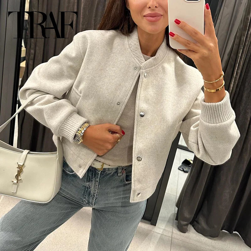 TRAF 2024 Women Jacket Cropped Bomber Jackets For Beige Black Tweed Woman Fashion Long Sleeve In Short Coats 241113