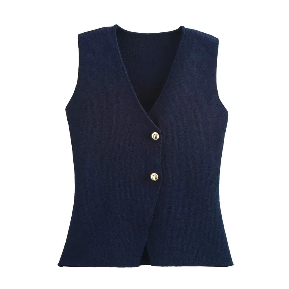 UNIZERA2024 Summer Product Casual Womens Wear Simple and Fashionable Gold Button Knitted Tank Top 241113