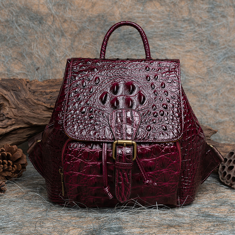 Vintage Women Genuine Backpack Crocodile Pattern Women's Real Cow Leather Bagpac Anti-Theft Ladies Travel Bag Genuine Leather BagVoyage
