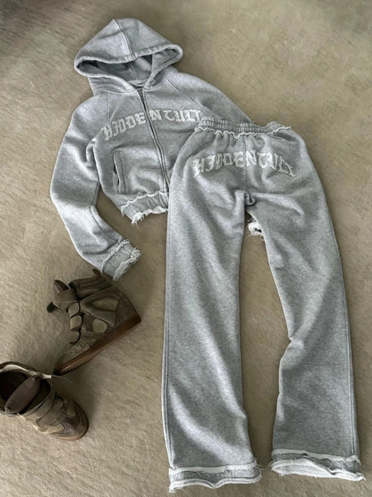 Aesthetic grey fall winter outfit punk casual retro burrs grunge streetwear emo girl fairy womens zipper jacket fashion trousers 241108