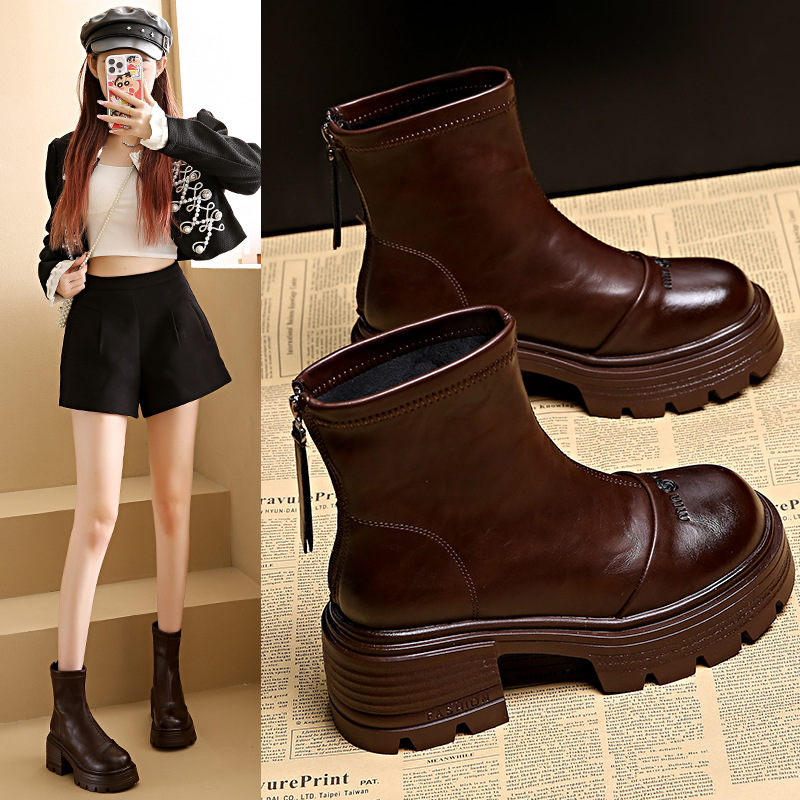 Korean Version Autumn Leather Mid Heel Versatile Martin Boots.
