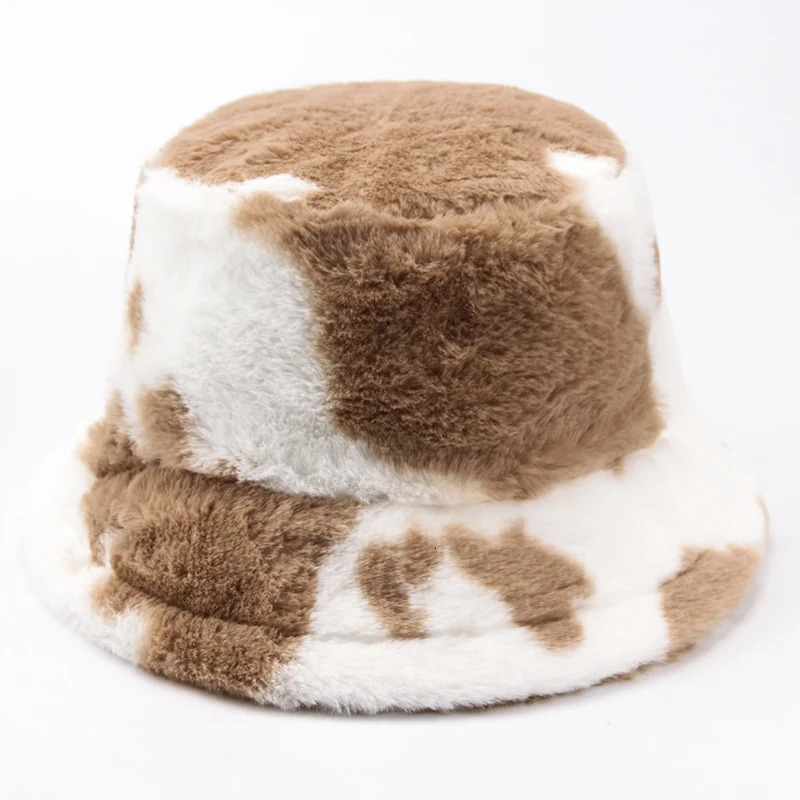 CNTANG Women Bucket Hat Autumn And Winter Warm Cow Print Plush Fashion Panama Casual Hats For Ladies Fisherman Caps 241113
