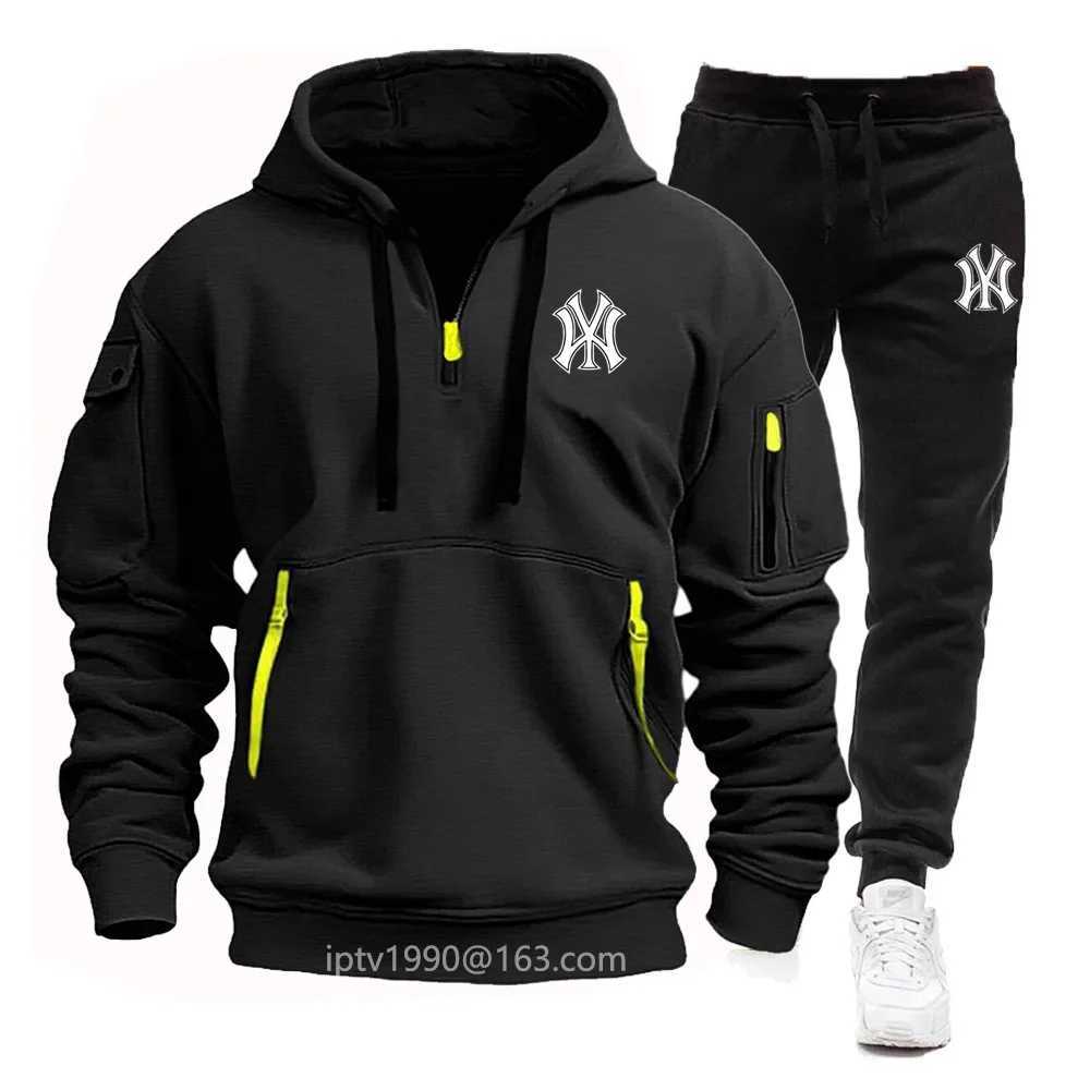Mens Mens autumn and winter multi pocket zipper hooded sweatshirt+sweatpants 2 sets of casual jogging hooded sweatshirt sportswear X241113