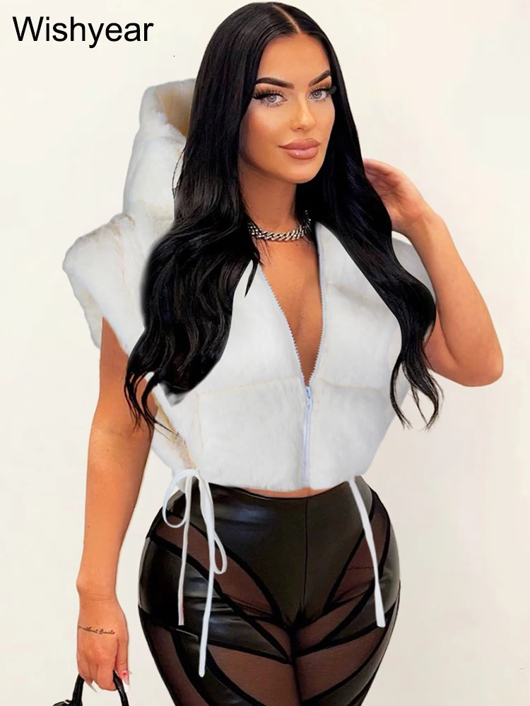 Fashionable winter warm plush hooded cotton vest womens sleeveless bandage side split crop jacket fluffy park coat Coats streetwear 241111