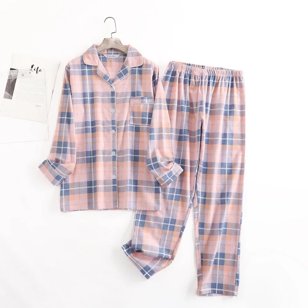 Cotton flannel womens long pants sleepwear set suitable for sleepwear plain weave loose autumn and winter long sleeved Trouser set 241112
