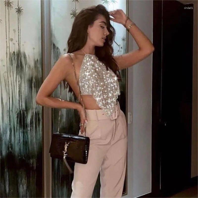 Women's Tanks Shiny Diamond Tank Top Crystal Rhinestone Halter Low Out Backless Crop Tops Sexy Nightclub Y2K Festival Rave Party Camis